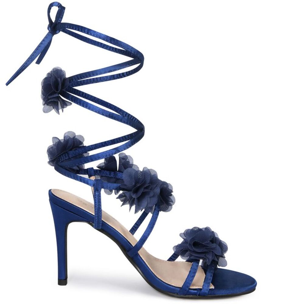Floral Heels Lace Up Satin Stiletto Heels Sandals Navy Blue